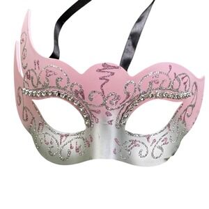 Handcrafted Pink Silver Glitter Rhinestone Masquerade‎ Mask Costume Halloween